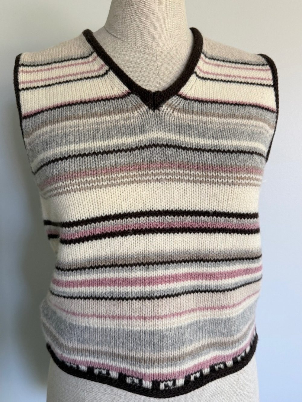 Benetton Pink and Brown Wool Striped Vest, Size Small